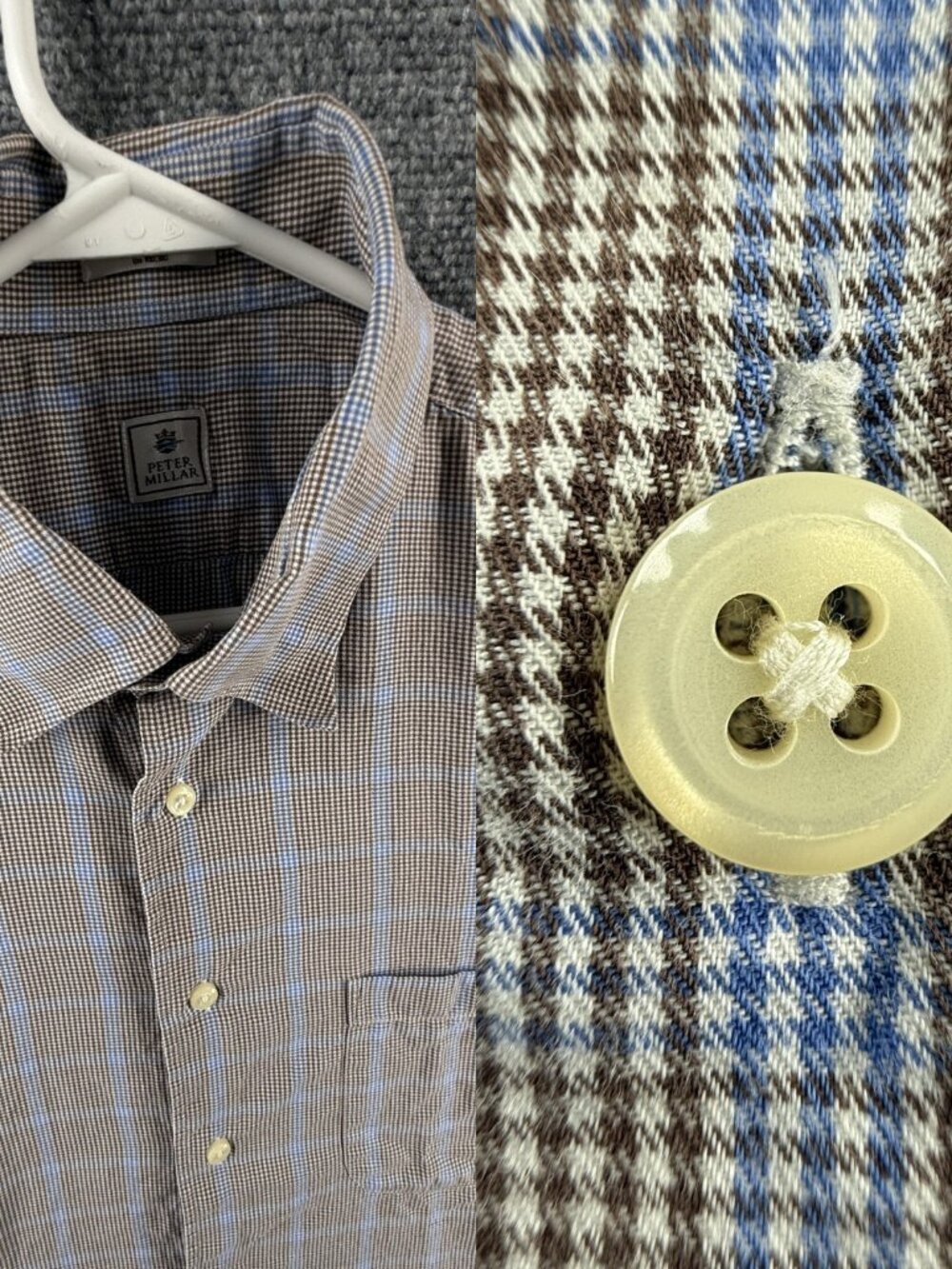 Peter Millar Blue Brown Large Turkey Houndstooth All Cotton Pocket Shirt Mens